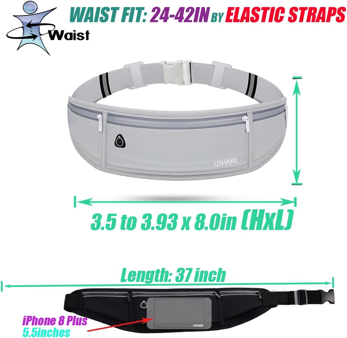 USHAKE Slim Running Belt, Workout Fanny Pack for Men Women,Exercise Waist Pack for Apple iPhone Holder, Runner Belt for Running Walking Cycling Camping Gym Light Grey
