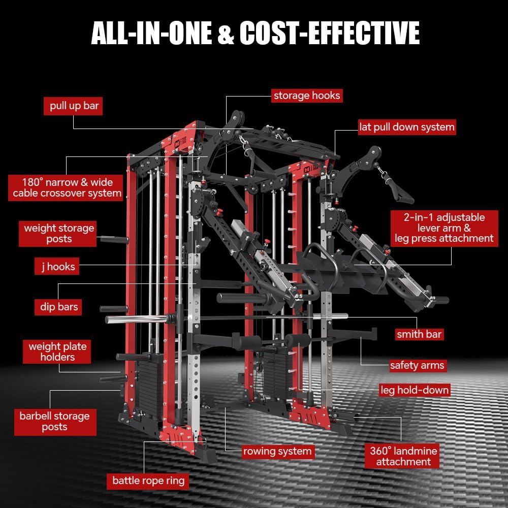 FAGUS Commercial Smithe Machine with 308lb Dual Weight Stacks, 4000LBS Power Cage Squat Rack with Lever Arm & Leg Press, Multi-Function Linear Bearing Cable Crossover Machine for Home Gym