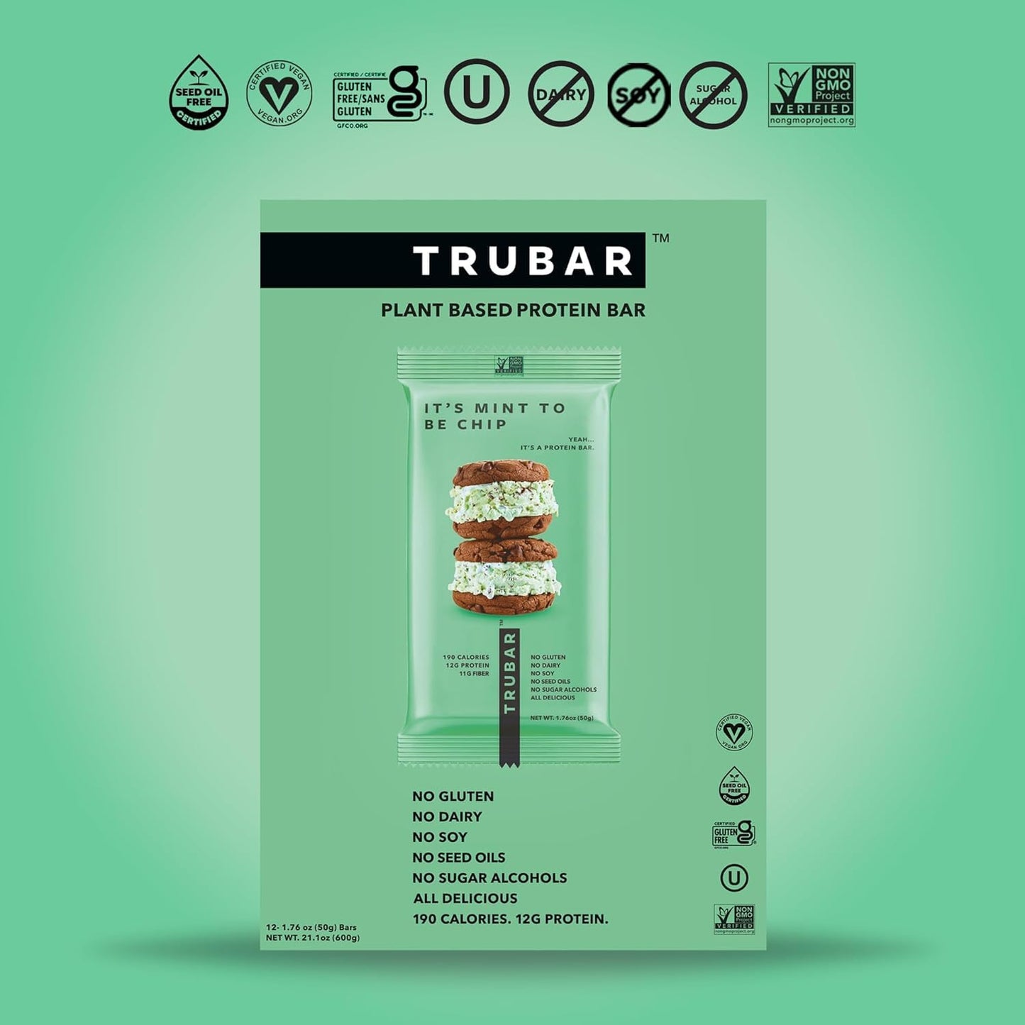 TRUBAR Vegan Protein Bar, It’s Mint to Be Chip, Gluten Free, Plant Based High Fiber, Dairy Free, Non GMO, Low Fat, No Sugar Alcohols, 12G Lean Protein, 13G Fiber, Healthy Snack Bars, 12 CT