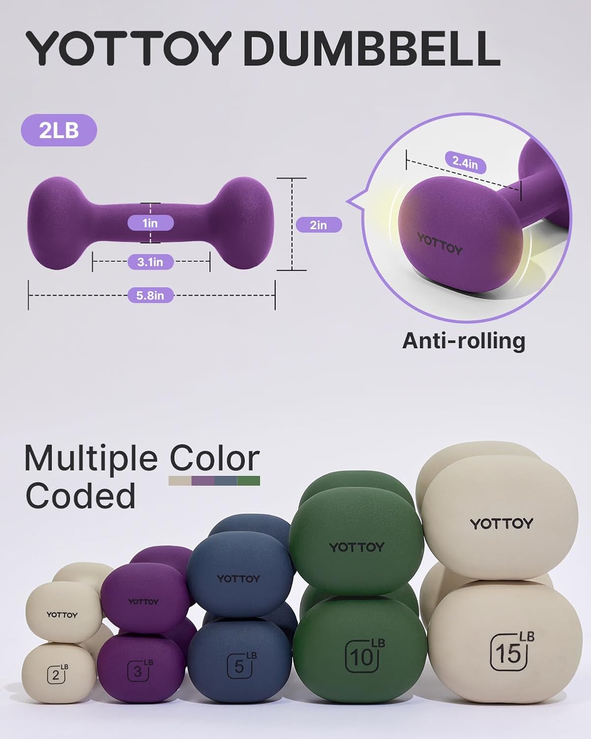 YOTTOY Weights Dumbbells Set for Women,2-15 Pound Dumbbells Set of 2, Non-Slip Hand Weights for Home Workouts, Portable Strength Training Neoprene dumbbells