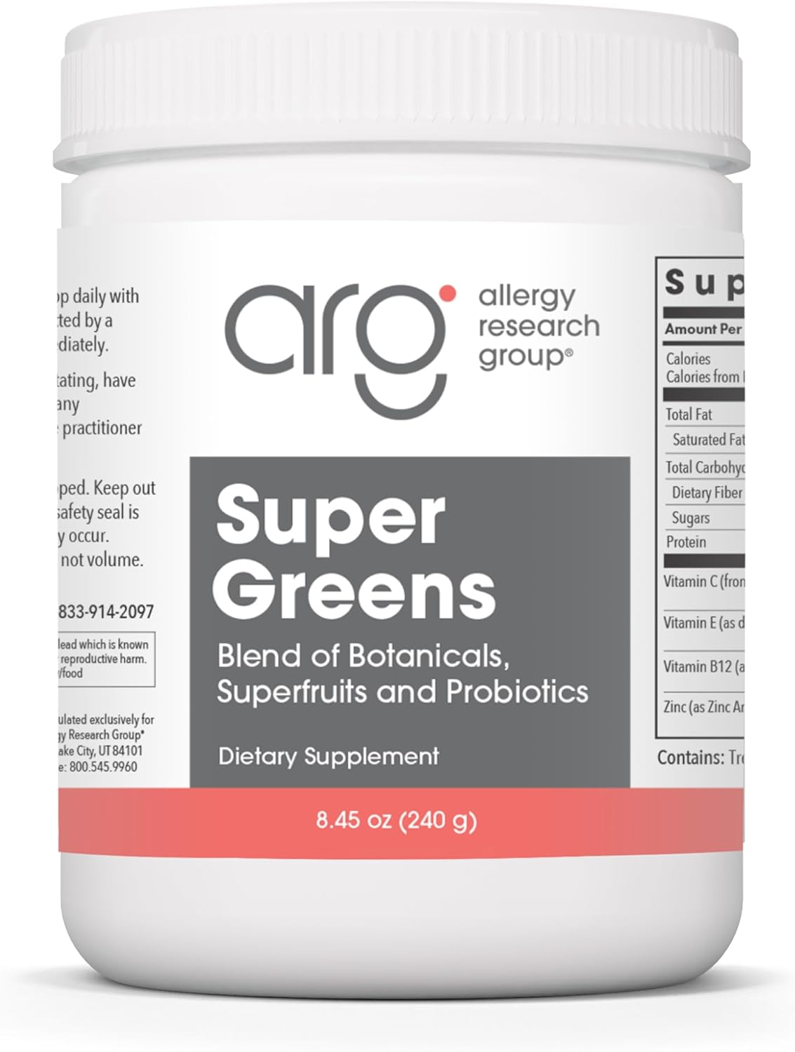 Allergy Research Group Super Greens - Superfood Green Powder with Spirulina, Chlorellla and Oat Grass, Clinically-Studied Probiotic Support for Women and Men - 8.45 oz (240 g)