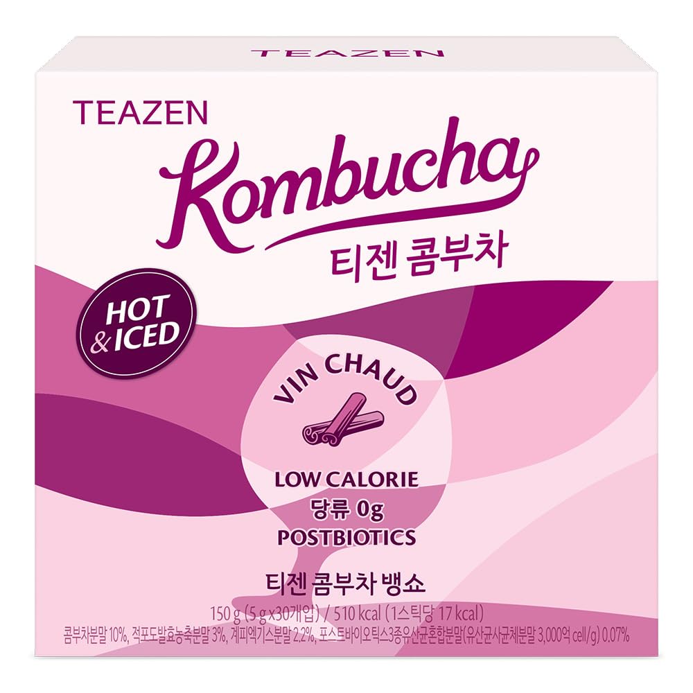 TEAZEN Mulled Wine Kombucha Tea, Live Probiotics & Postbiotics, Relaxation and Warmth for Colds and Sore Throat, Electrolyte & Hydration Drink Mix, Sugar Free, 30 Sticks, 5.29oz