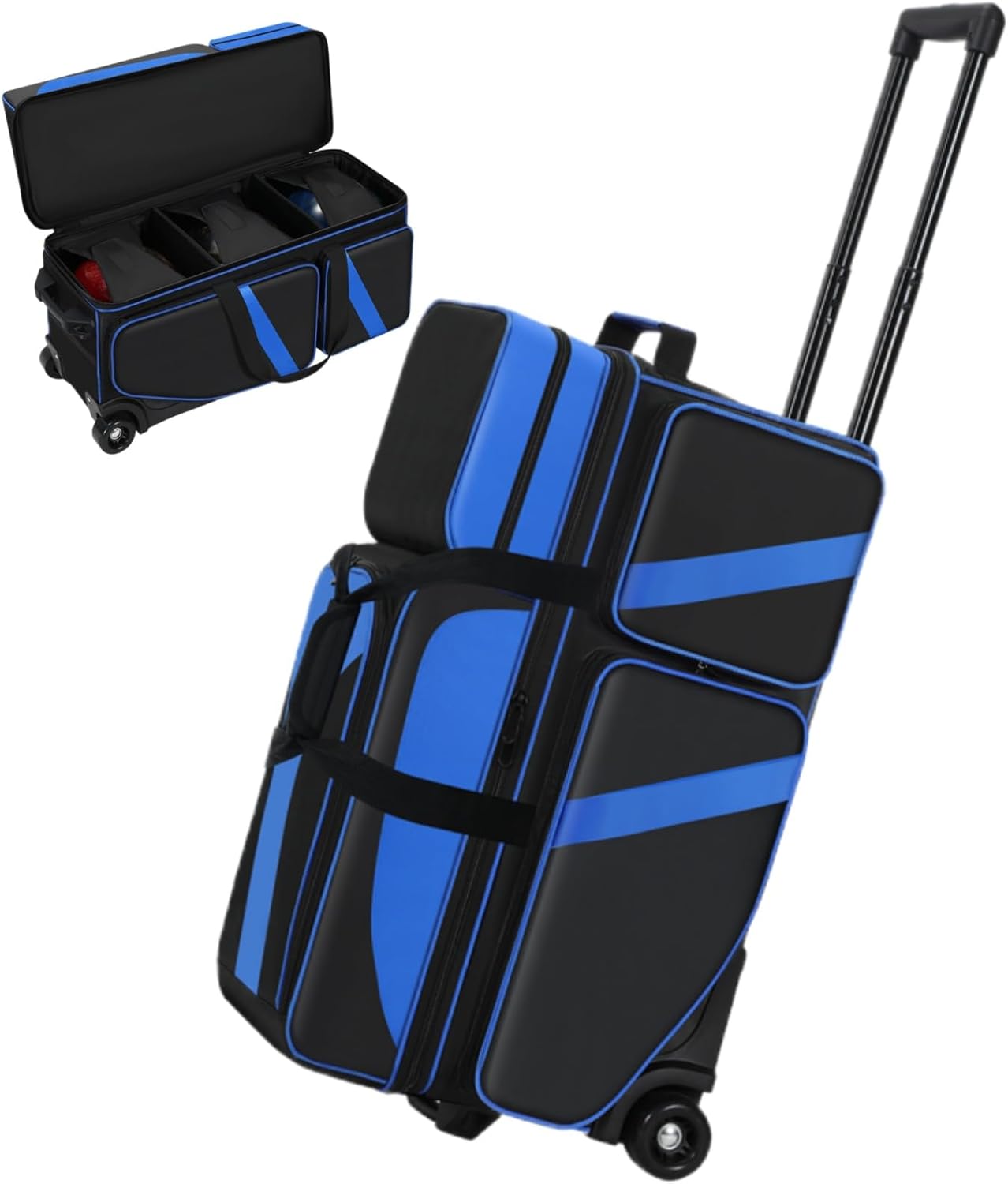 3 Ball Bowling Bags With Wheels,Bowling Bags 3 Ball Roller With Shoes Compartment And Multiple Pockets,3 Ball Bowling Bag has Retractable Handle Extends to 41.5 in