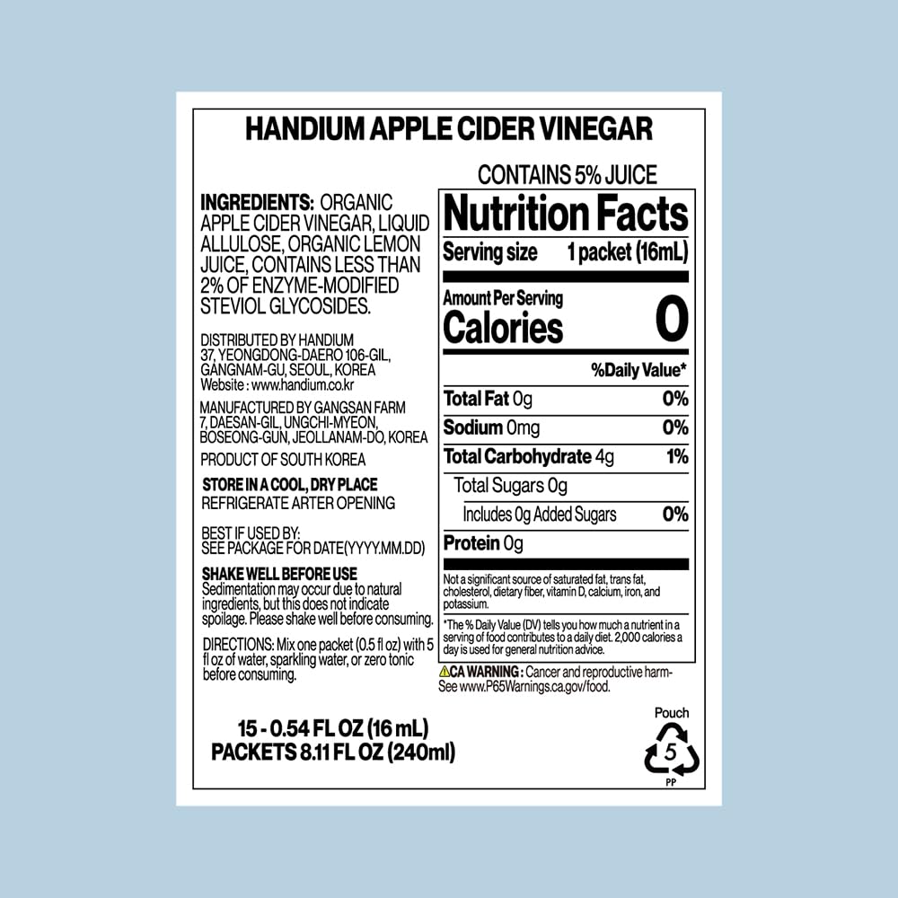 HANDIUM, Apple Cider Vinegar, Liquid Concentrate Stick, Better Taste ACV, No Sugar Added, Low Calorie, Easy to Mix (0.54 Fl Oz, Pack of 15)