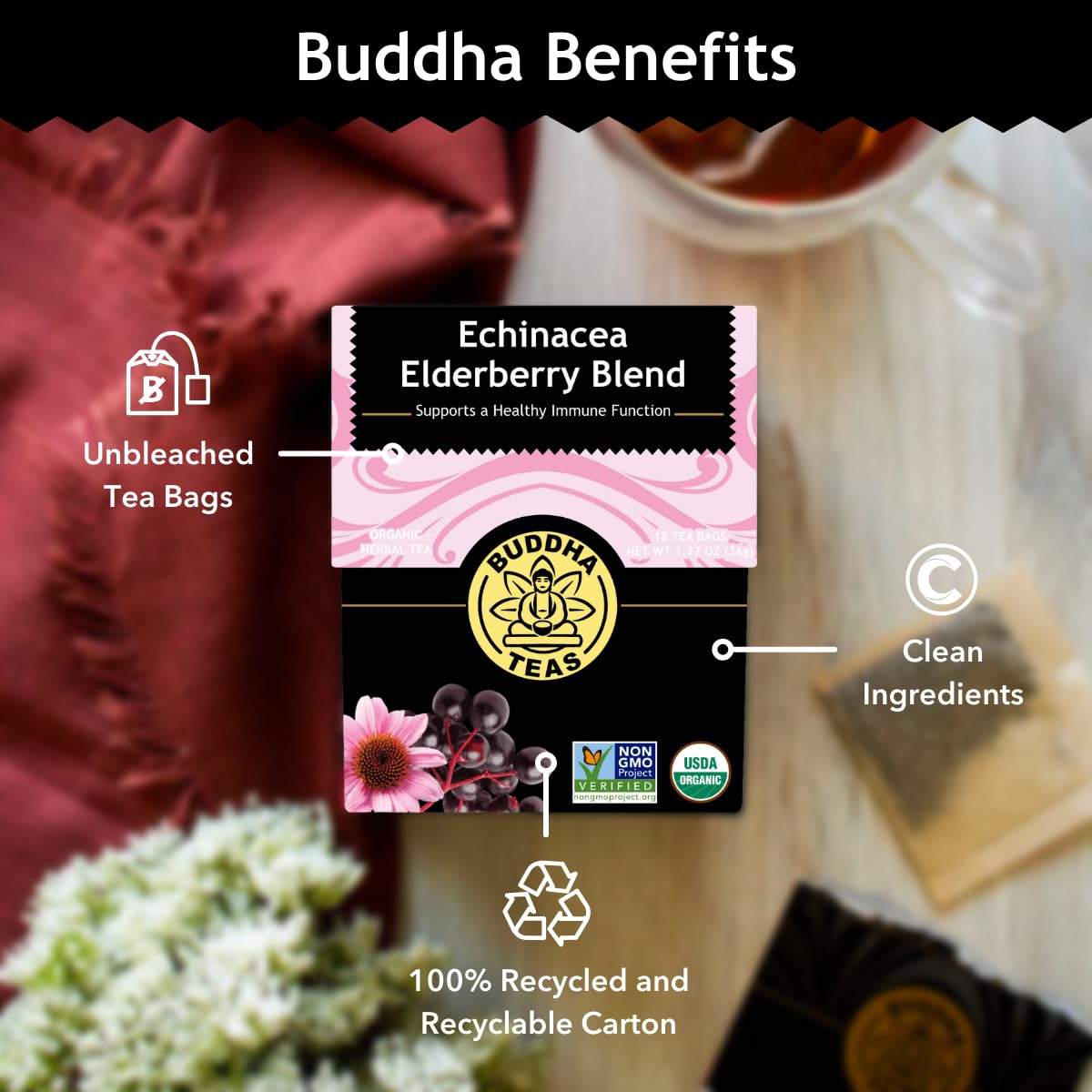 Buddha Teas - Organic Echinacea Elderberry Blend - Herbal Tea - For Health & Wellbeing - With Antioxidants & Minerals - Clean Ingredients - No Caffeine - OU Kosher & Non-GMO - 18 Tea Bags (Pack of 1)