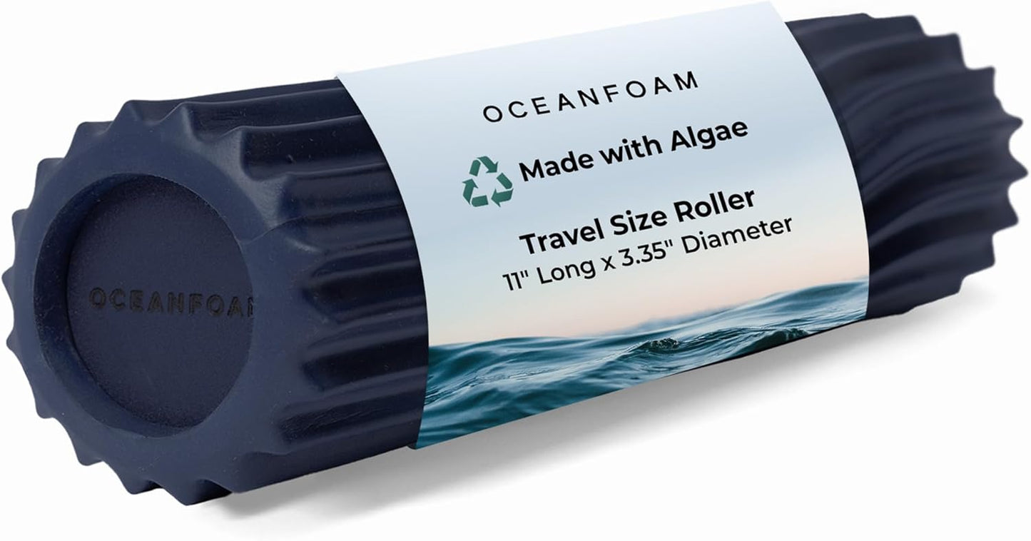 Oceanfoam Ripple Travel Foam Roller (11" x 3.35") Firm Mini Foam Roller for Physical Therapy, Deep Tissue Massage, Back Pain, High Density, Ergonomic Wave Textured, Yoga, Pilates, Exercise (Dark Navy)