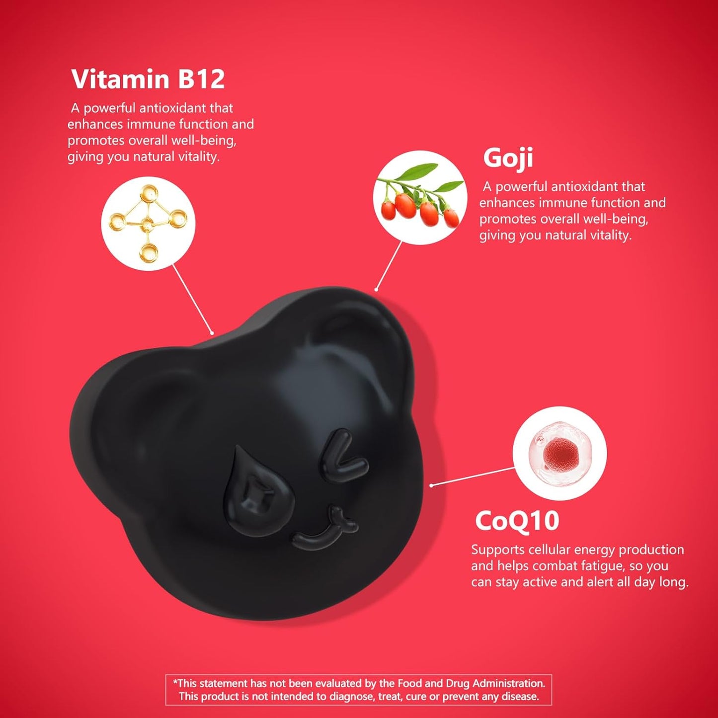 Natural Energy Gummies with Vitamin B12, Goji, CoQ10, Energy Support & Metabolism Support Chewable Supplement,GMO Free, Gluten Free(Raspberry, 120 Count)