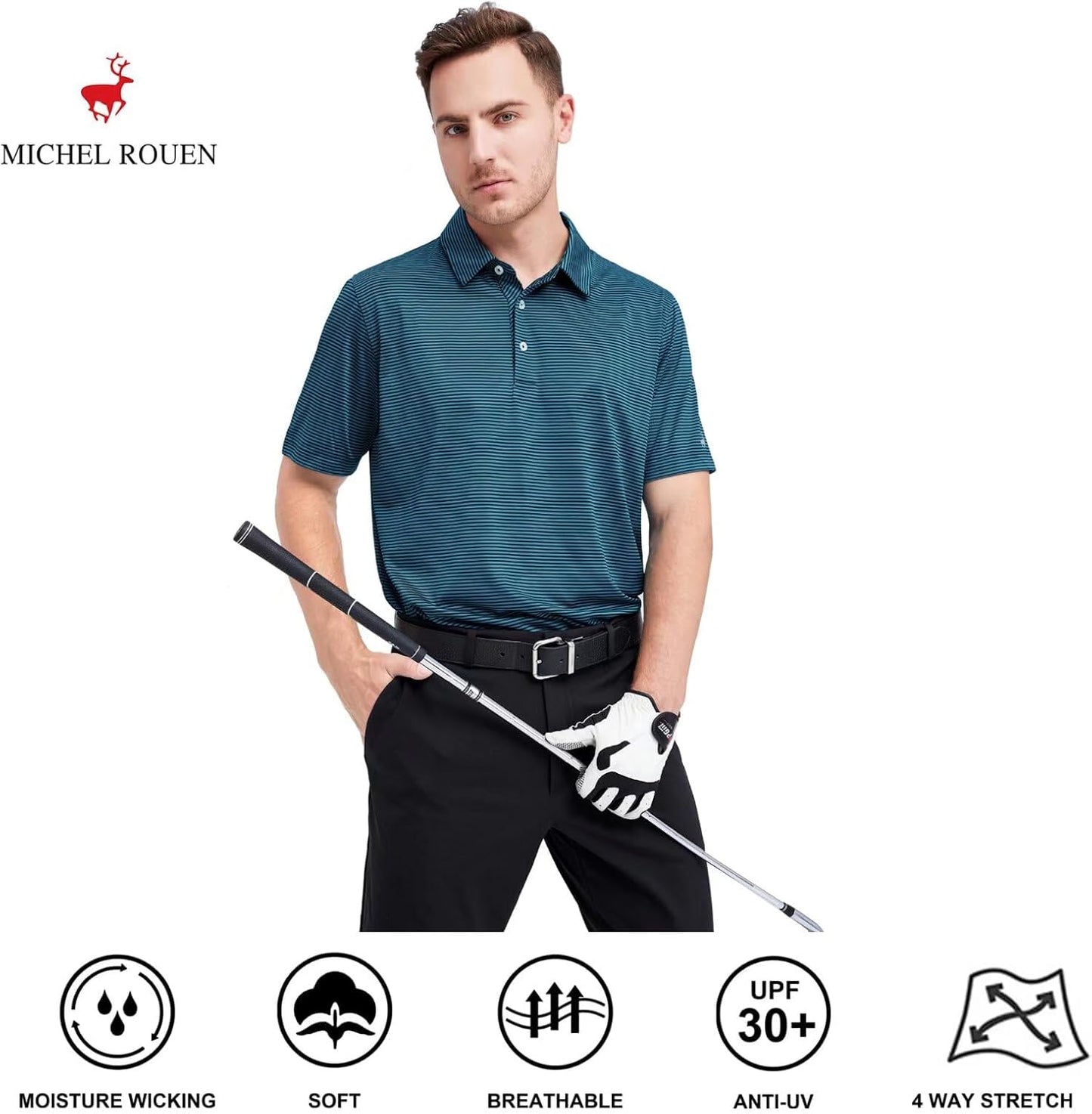 Mens Golf Shirt Moisture Wicking Dry Fit Performance Sport Short Sleeve Striped Golf Polo Shirts for Men