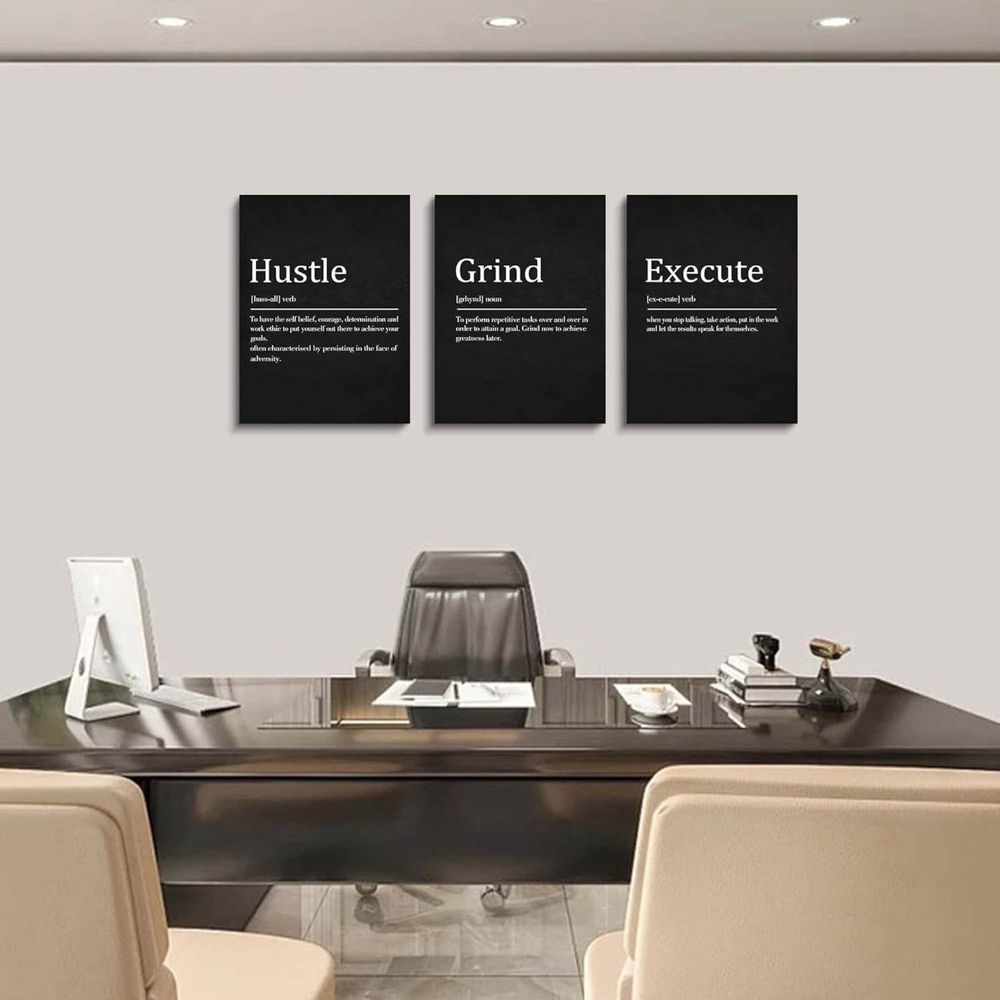 EPHANY Hustle Grind Execute - Wall Hanging Decor, Framed Canvas Office Art, Set of 3 Inspirational Prints