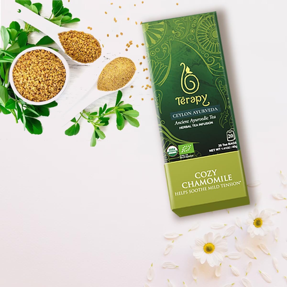 Térapy Ceylon CHAMOMILE TEA | USDA Organic Herbal Tea Bags | 100% Natural Ayurvedic Ingredients including Organic Chamomile, Ashwagandha, Cinnamon & Licorice| 20 Individually Wrapped Tea Bags