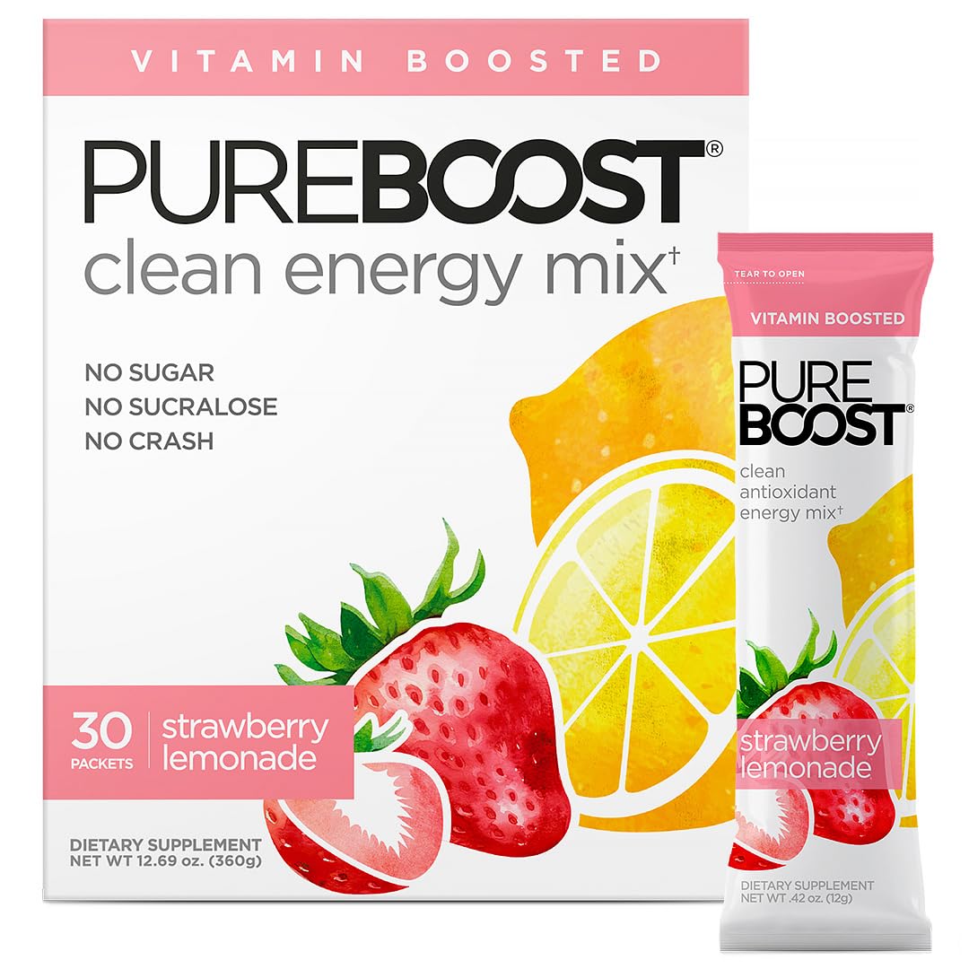 Pureboost Clean Energy Booster, Refreshing Energy Drink Mix with B12 Vitamins, Electrolytes, Antioxidants, Sugar-Free with No Sucralose (Strawberry Lemonade, 30 Count)