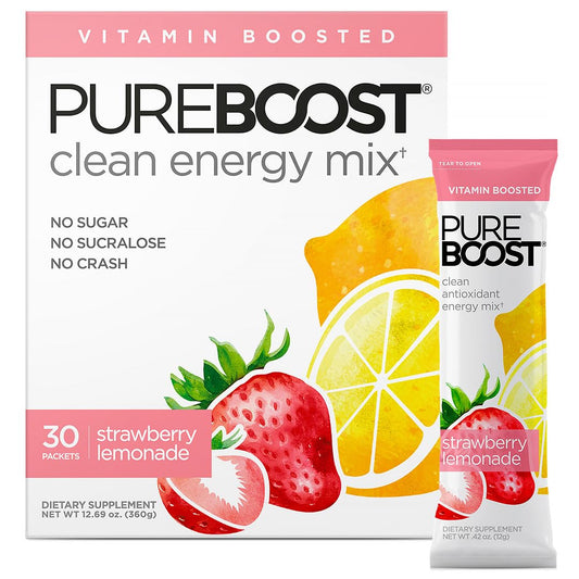 Pureboost Clean Energy Booster, Refreshing Energy Drink Mix with B12 Vitamins, Electrolytes, Antioxidants, Sugar-Free with No Sucralose (Strawberry Lemonade, 30 Count)