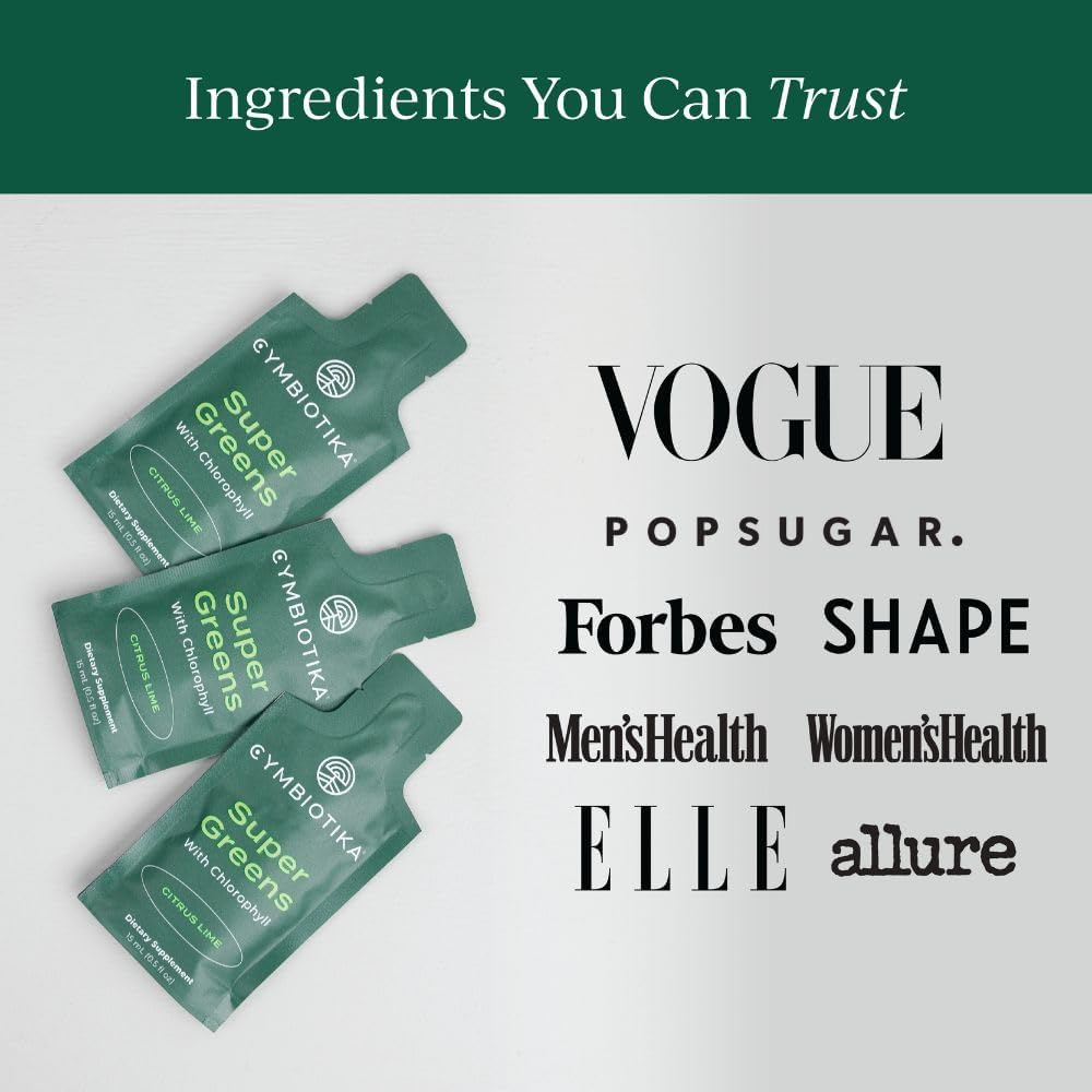 CYMBIOTIKA Super Greens Supplement with Chlorophyll, Spirulina, Daily Vegan Superfood Packets for Digestive Gut Health, Detox, Energy and Immune Support, Citrus Lime Flavor, 15 mL Pouches, 30 Pack