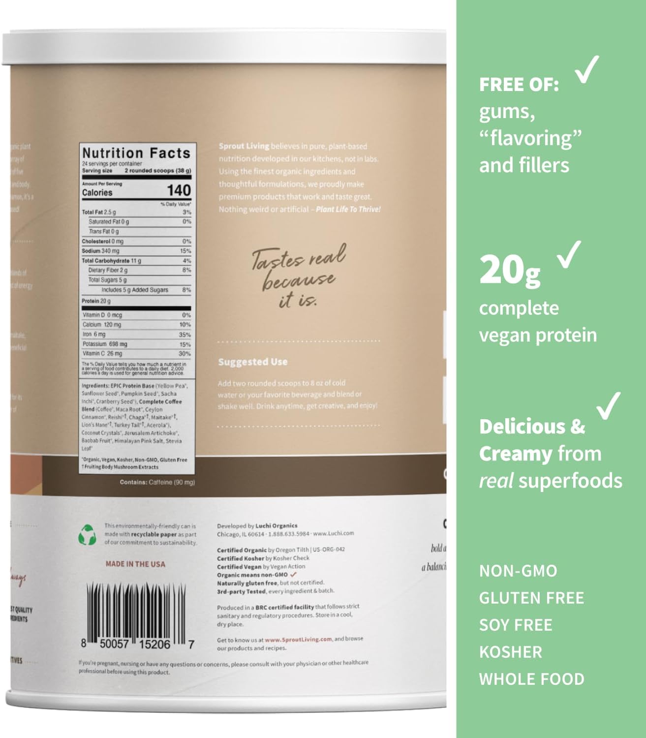 Sprout Living, Epic Protein, Plant Based Protein & Superfoods Powder, Complete Coffee | 20 Grams Organic Protein Powder, Adaptogens, Mushrooms, Vegan, Non-GMO, Gluten Free (2 Pound, 24 Servings)