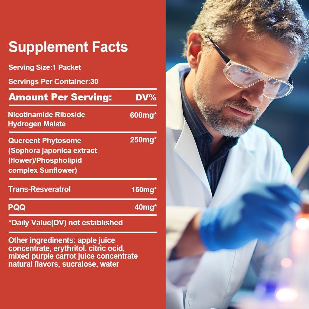 NAD Supplement 1200mg Synergistic Blend with Nicotinamide Riboside, PQQ & Resveratrol - Premium Anti-Aging Supplement for Cellular Energy, Mental Clarity and Longevity (30 Packets)1