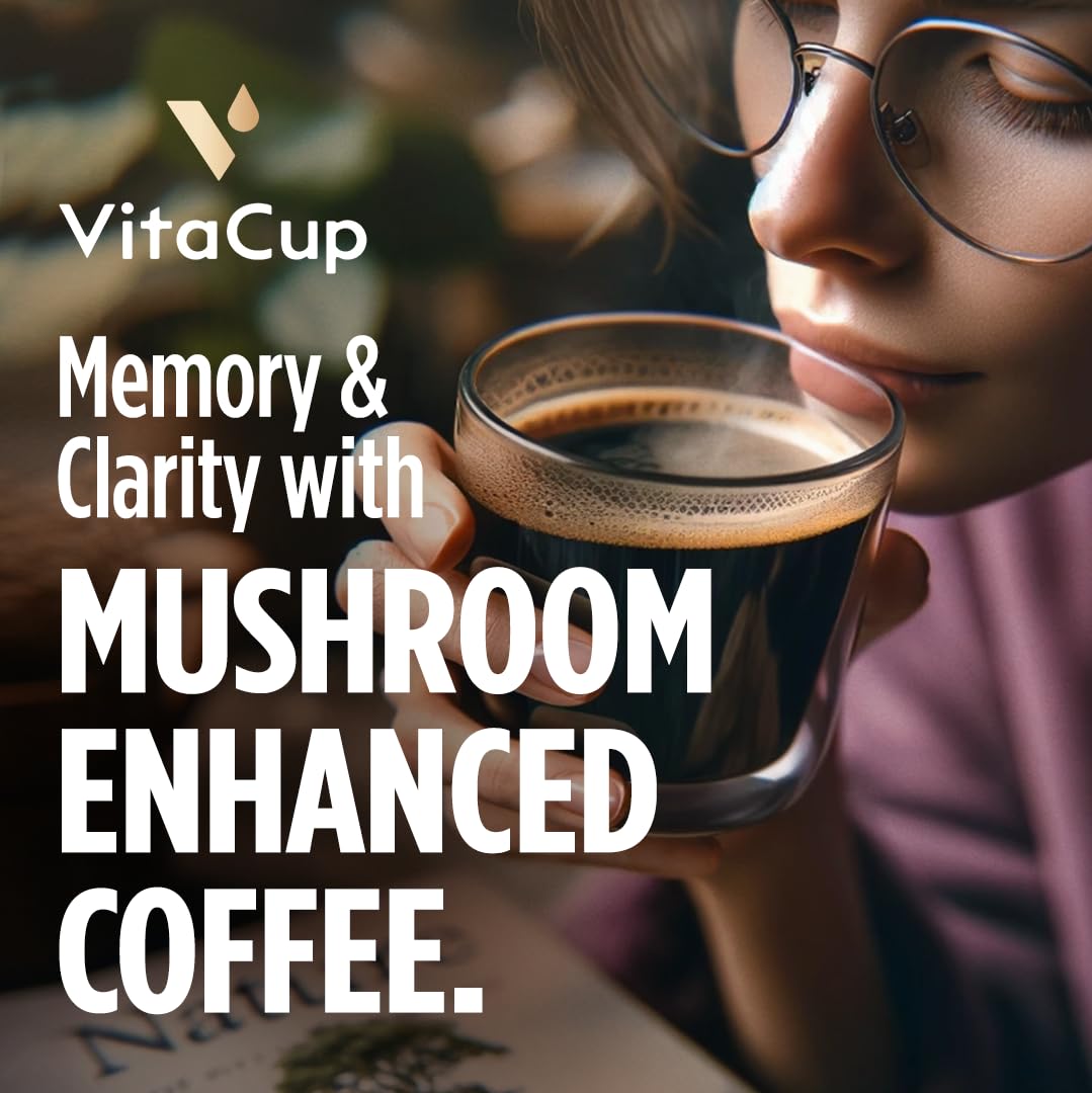 VitaCup Focus Mushroom Coffee Instant Packets, for Memory & Clarity Support, w/Fiber, Chaga, Lion’s Mane, D3, B Vitamins, Medium Roast, 100% Arabica & Robusta Coffee in Single Serve Sticks, 24 Ct