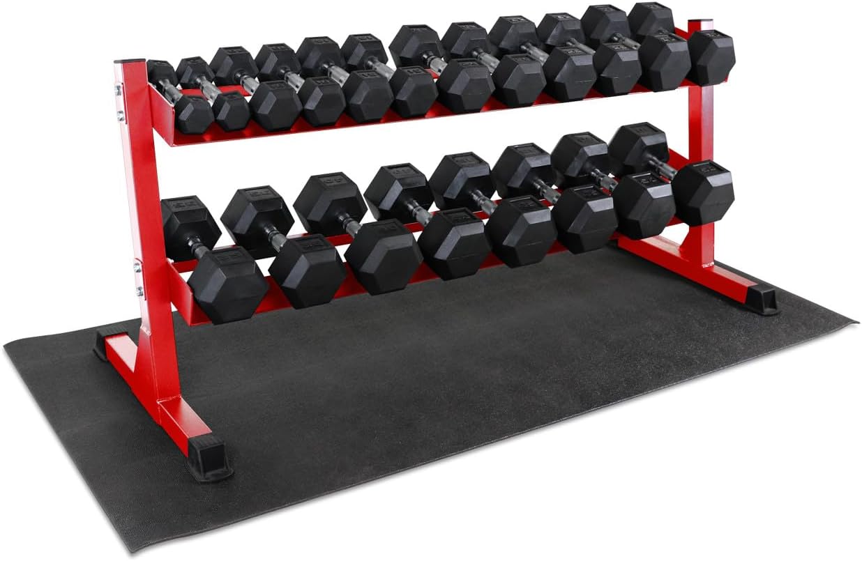 WF Athletic Supply Rubber Coated Hex Dumbbell Set, Multiple Choices Available - Dumbbells with Rack Stand and Mat, or Dumbbells Only (200/550/1200/2100/3000 LB)