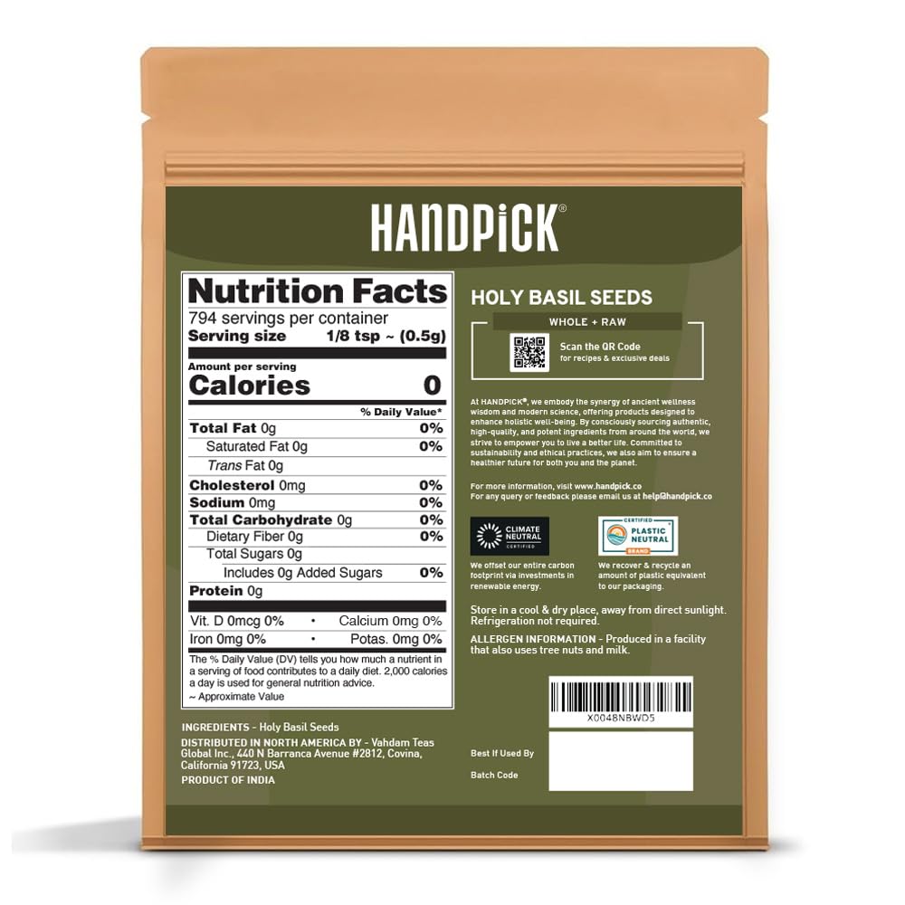 HANDPICK Holy Basil Seeds (397g/14oz) Gluten free, Raw Sabja, Tukmaria Seeds from India, Packed in Resealable Zip Lock Pouch