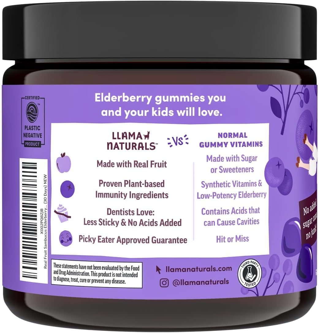 Llama Naturals Elderberry Gummies for Kids, Vegan, Organic Immune Support Supplement with Vitamin C and Zinc, Toddler Real Fruit Gummy Vitamins for Immunity, Chewable, No Added Sugar Cane, 120 Ct
