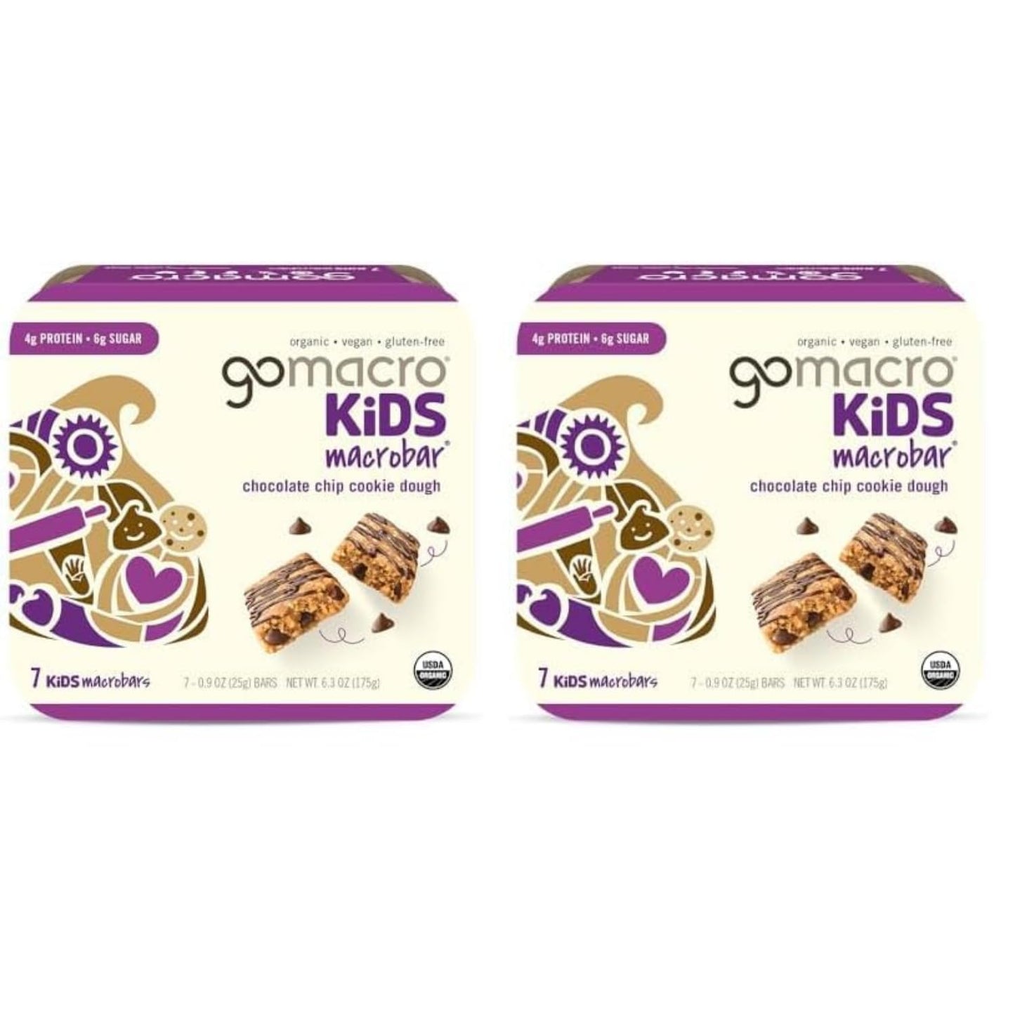 GoMacro Kids MacroBar Organic Vegan Snack Bars - Chocolate Chip Cookie Dough (0.90 Ounce Bars, 7 Count) (Pack of 2)