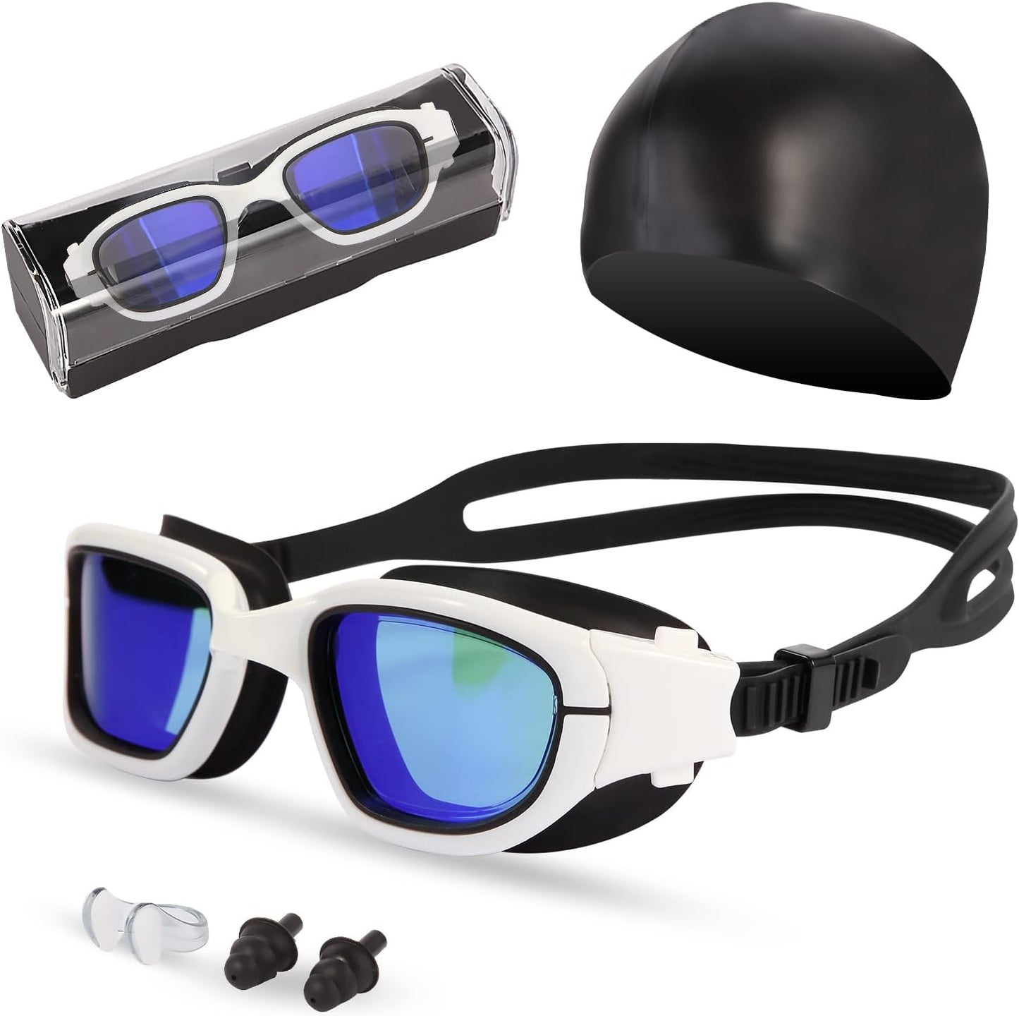 Swim Goggles, Goggles Adult with Swimming Cap, Nose Clip & Ear Plugs, UV Protection Anti-Fog Lens and Case for Adult
