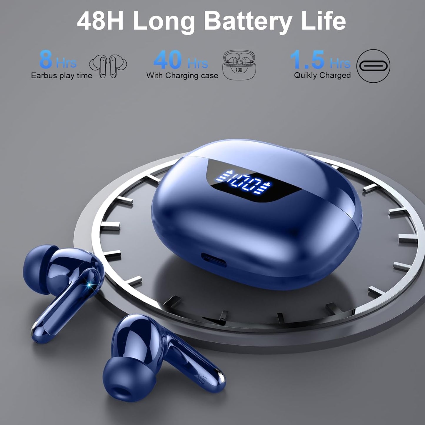 Wireless Earbuds, Bluetooth 5.4 Headphones, ENC Noise Cancelling Mic Ear buds with Stereo Bass, 48H Playtime Earphones , LED Display, IP7 Waterproof In Ear EarBuds for Phone Android iOS Sports, Blue