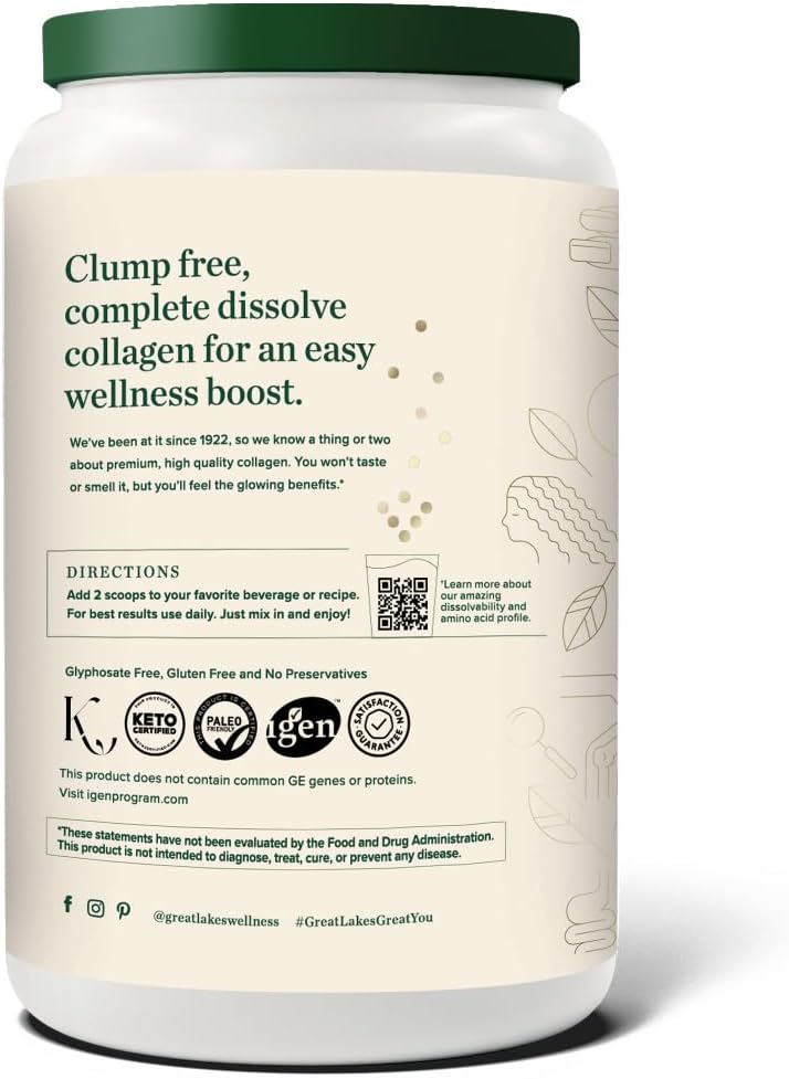 Great Lakes Wellness Bovine Collagen Peptides Powder for Skin, Hair, Nails, Joints & Digestion - Unflavored - Quick Dissolve Hydrolyzed, Non-GMO, Kosher - 32 oz