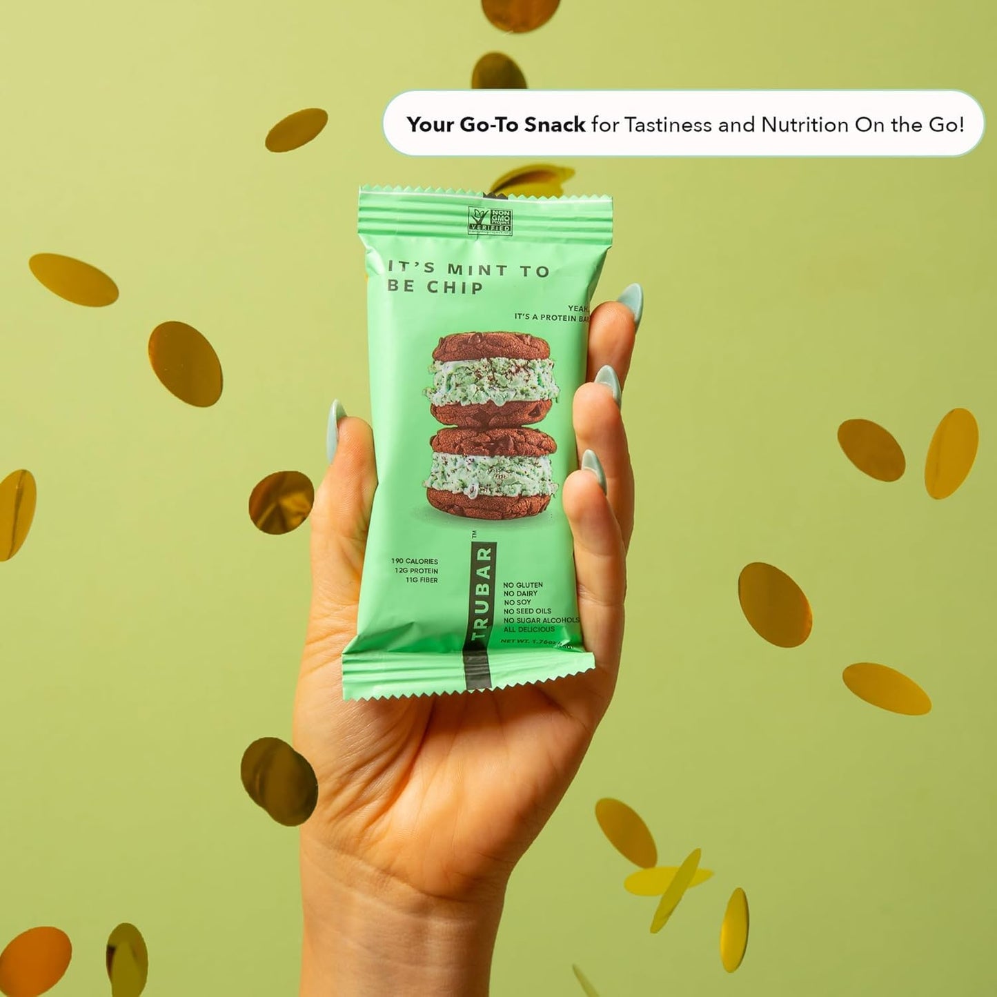 TRUBAR Vegan Protein Bar, It’s Mint to Be Chip, Gluten Free, Plant Based High Fiber, Dairy Free, Non GMO, Low Fat, No Sugar Alcohols, 12G Lean Protein, 13G Fiber, Healthy Snack Bars, 12 CT