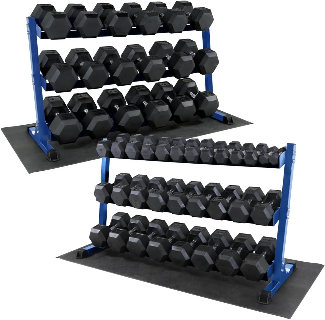 WF Athletic Supply Rubber Coated Hex Dumbbell Set, Multiple Choices Available - Dumbbells with Rack Stand and Mat, or Dumbbells Only (200/550/1200/2100/3000 LB)