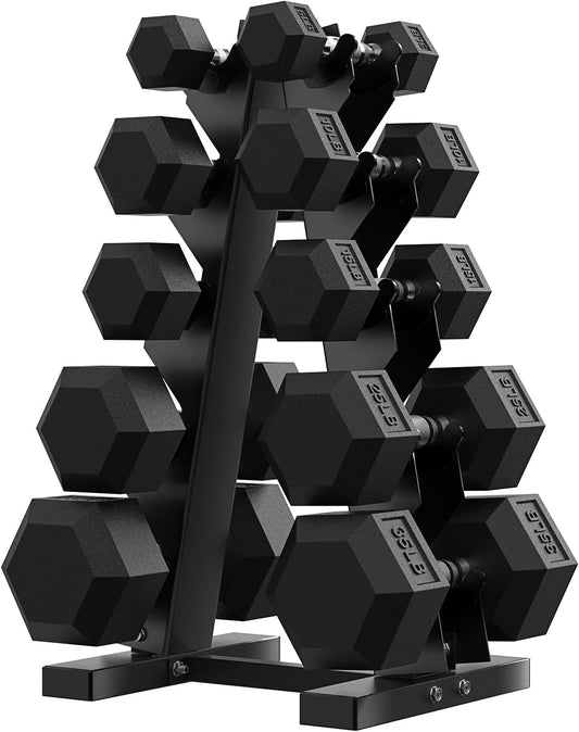PAPABABE Hex Dumbbell Sets with Rack, 60-550lb Rubber Coated Dumbbell Weight Set and Storage Rack, Multiple Options Hand Weights for Strength Training