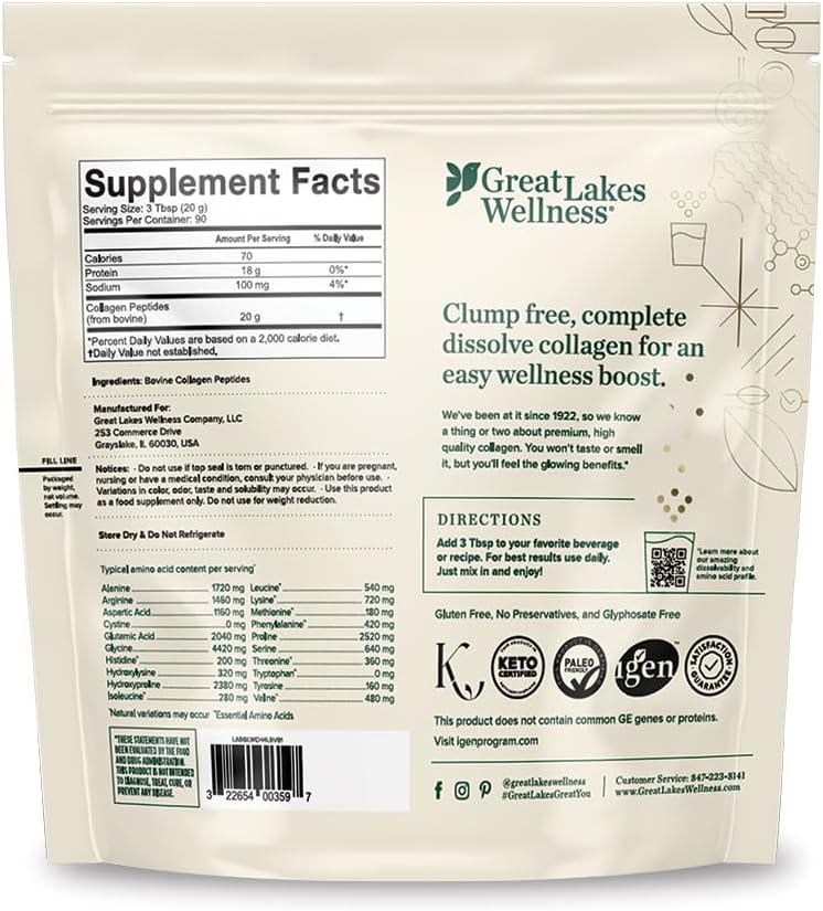 Great Lakes Wellness Collagen Peptides Powder for Skin, Hair, Nails, Joints & Digestion - Unflavored - Quick Dissolve Hydrolyzed, Non-GMO, Keto, Kosher - 4 lb. Value Pouch