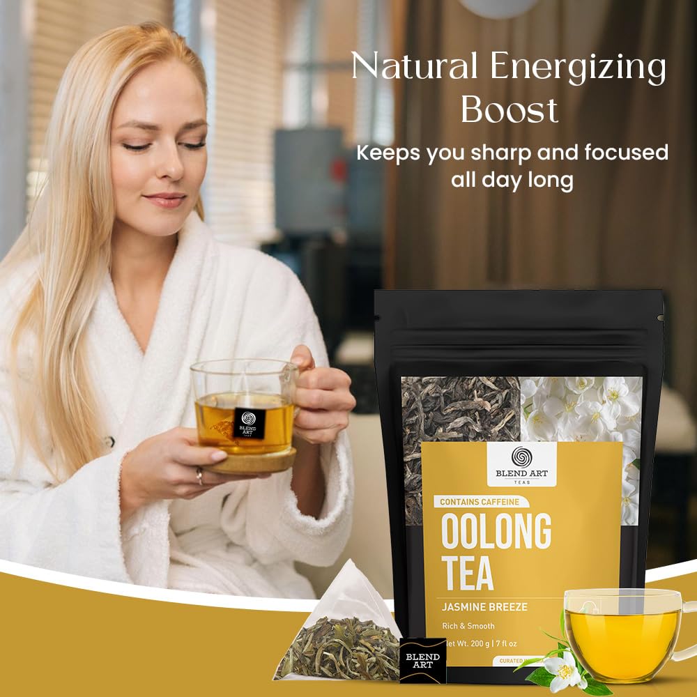 Blendart Jasmine Oolong Tea bags 100 Count | Oolong tea bags for weight loss | Premium High Mountain Oolong Tea leaves | Naturally Caffeinated Tea | Flower Scented Tea | Pyramid Tea bags