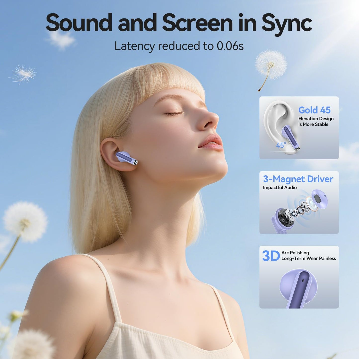 Wireless Earbuds, 2025 Bluetooth 5.3 Headphones HiFi Stereo 50H Playback Ear Buds with Led Digital Display, ENC Noise Cancelling Earbuds for Laptop Computer, iOS, Android, Purple