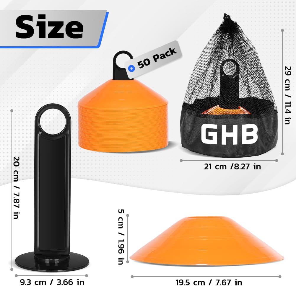 GHB Soccer Cones 25/50/100 Pack Disc Soccer Sport Cones Training Field Marker Agility Cones for Traffic, Basketball, Coaching, Practice Equipment Includes Cone Drills Guide