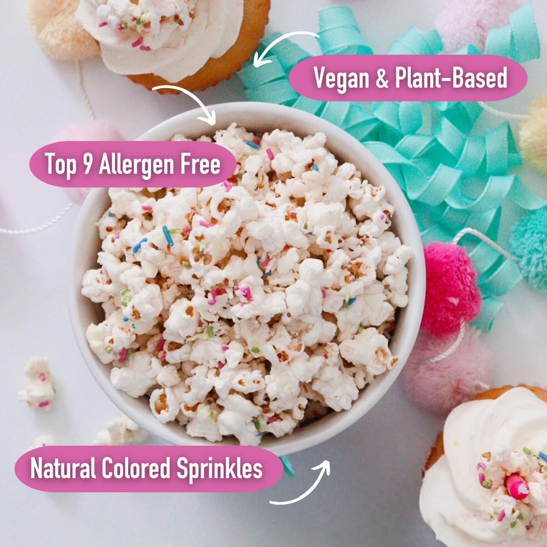 Safe + Fair Birthday Cake Drizzled Popcorn - Gluten-Free, Dairy Free and Vegan Snack - Free From Top 9 Allergens and Artificial Ingredients – Non GMO, Plant Based Kettle Popped Corn, 5.5oz, 6 Pack