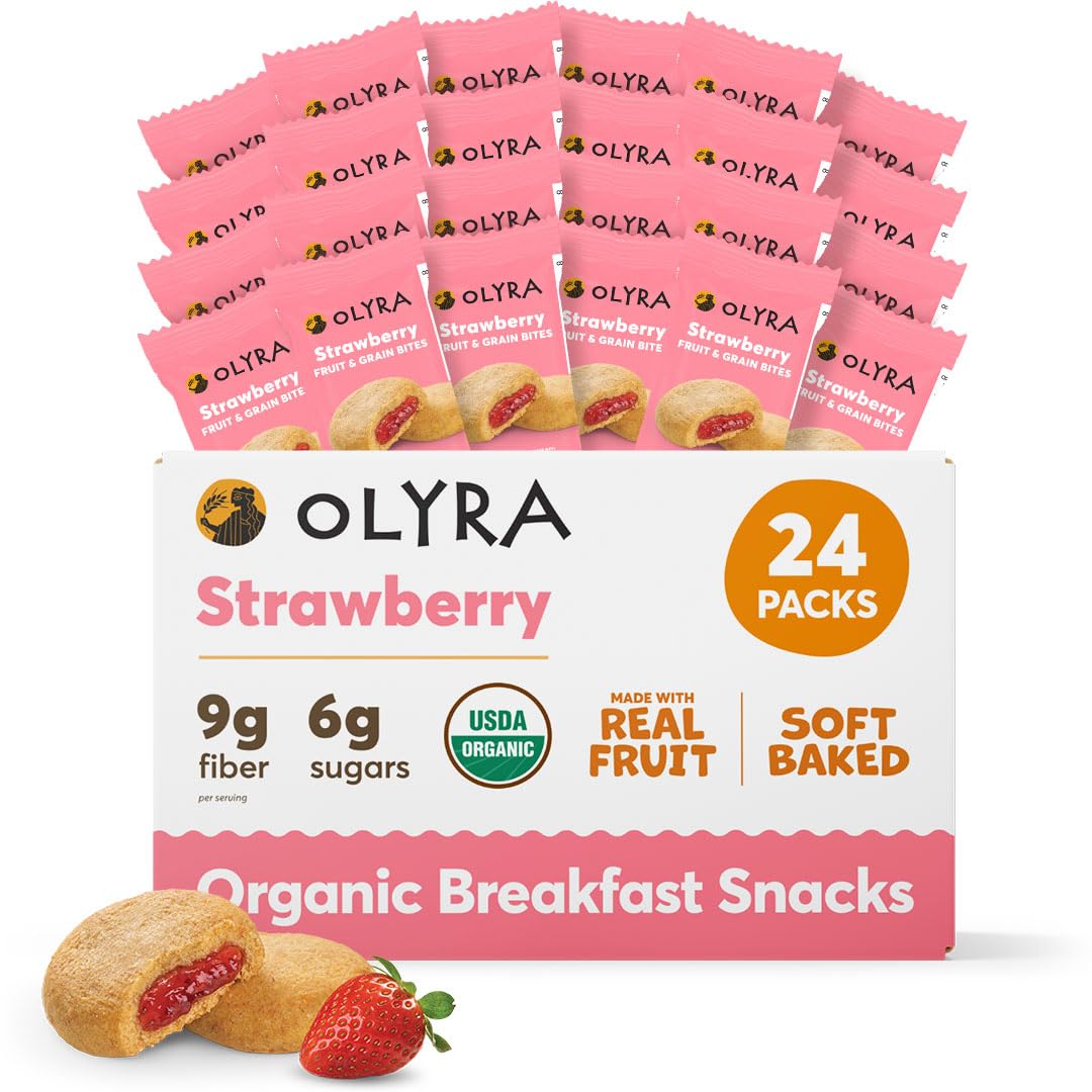 Olyra Strawberry Organic Fruit Bars, Prebiotic High Fiber Snack, Gut Health, Fruit Filled & Whole Grain Bites, Kids Healthy Snacks, Low Sugar, Vegan, USDA Certified Organic, Non GMO (Pack of 24)