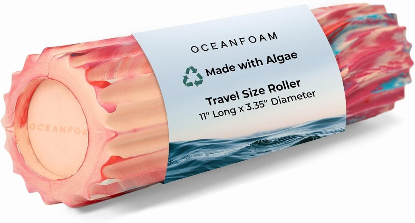 Oceanfoam Ripple Travel Foam Roller (11" x 3.35") Firm Mini Foam Roller for Physical Therapy, Deep Tissue Massage, Back Pain - High Density, Ergonomic Wave Textured - Yoga, Exercise (Cotton Candy)
