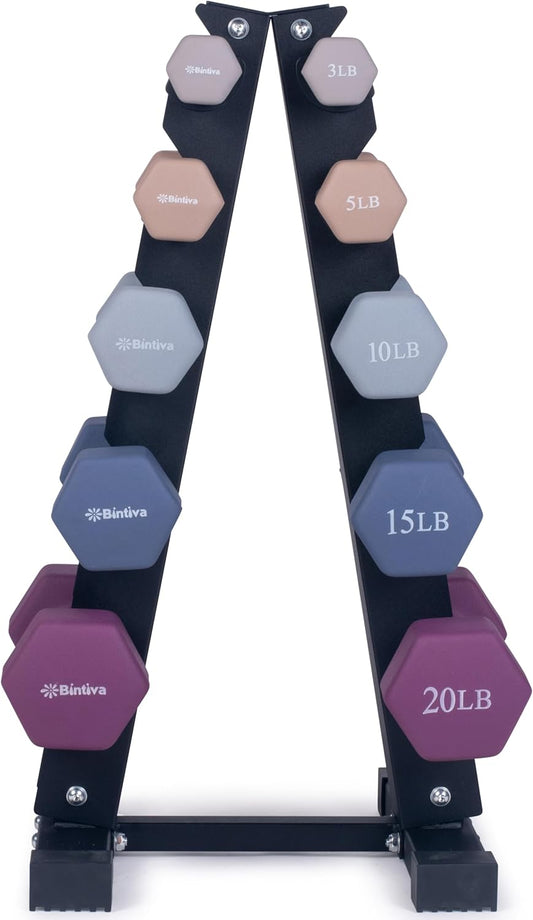 Dumbbell Set with Rack - Neoprene Coated Weights with Stand - Hex Color Coded Dumbell Pairs 1-20 LBs