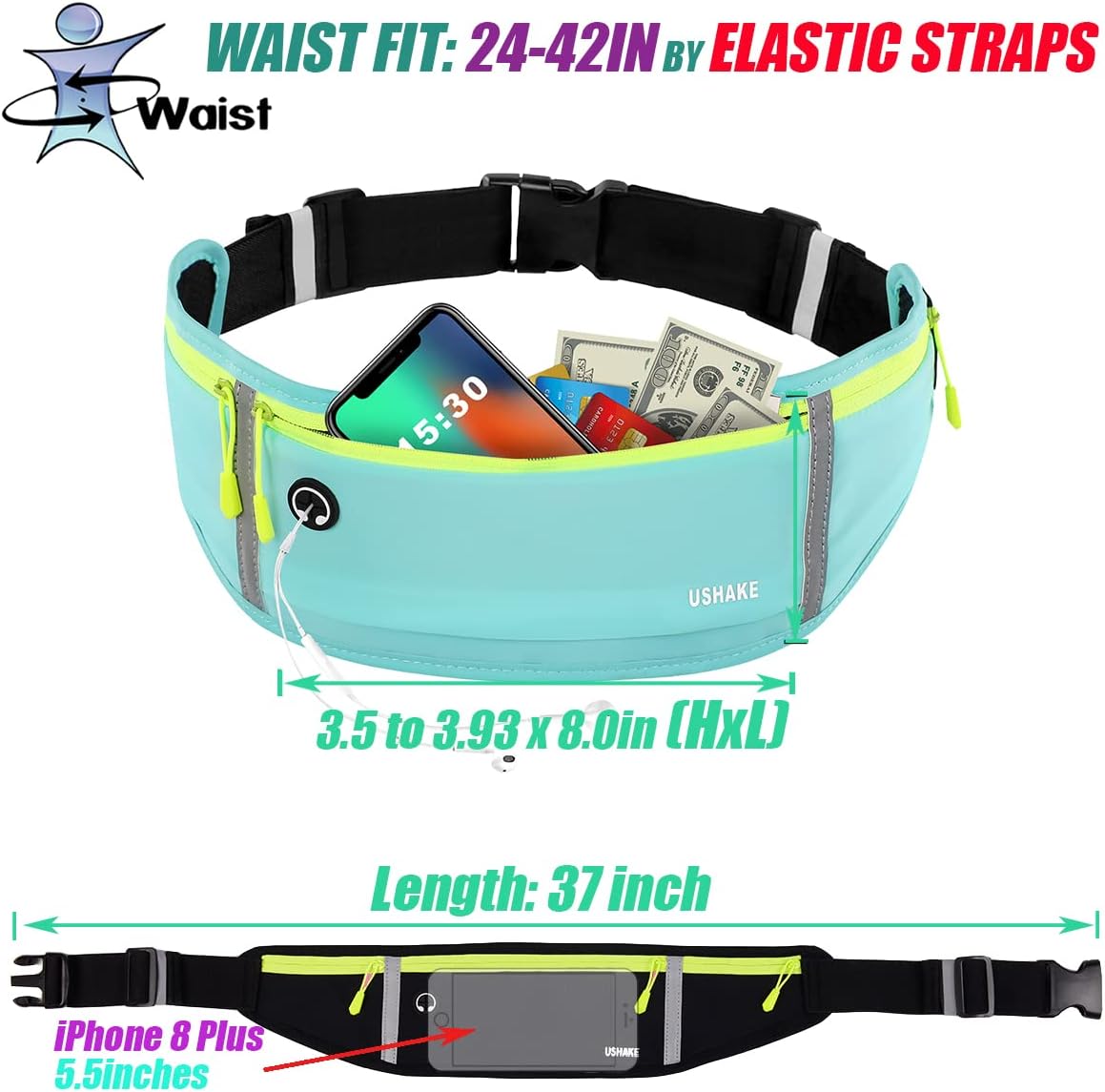 USHAKE Slim Running Belt, Workout Fanny Pack for Men Women,Exercise Waist Pack for Apple iPhone Holder, Runner Belt for Running Walking Cycling Camping Gym Mint blue