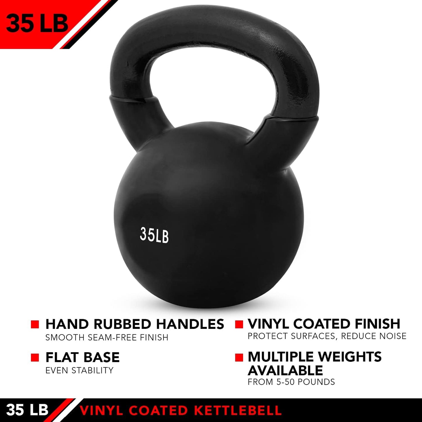 JFIT Kettlebell Weights Vinyl Coated Iron - 12 Size Options, 5lbs-50lbs - Coated for Floor and Equipment Protection, Noise Reduction, Ballistic, Core, Weight Training
