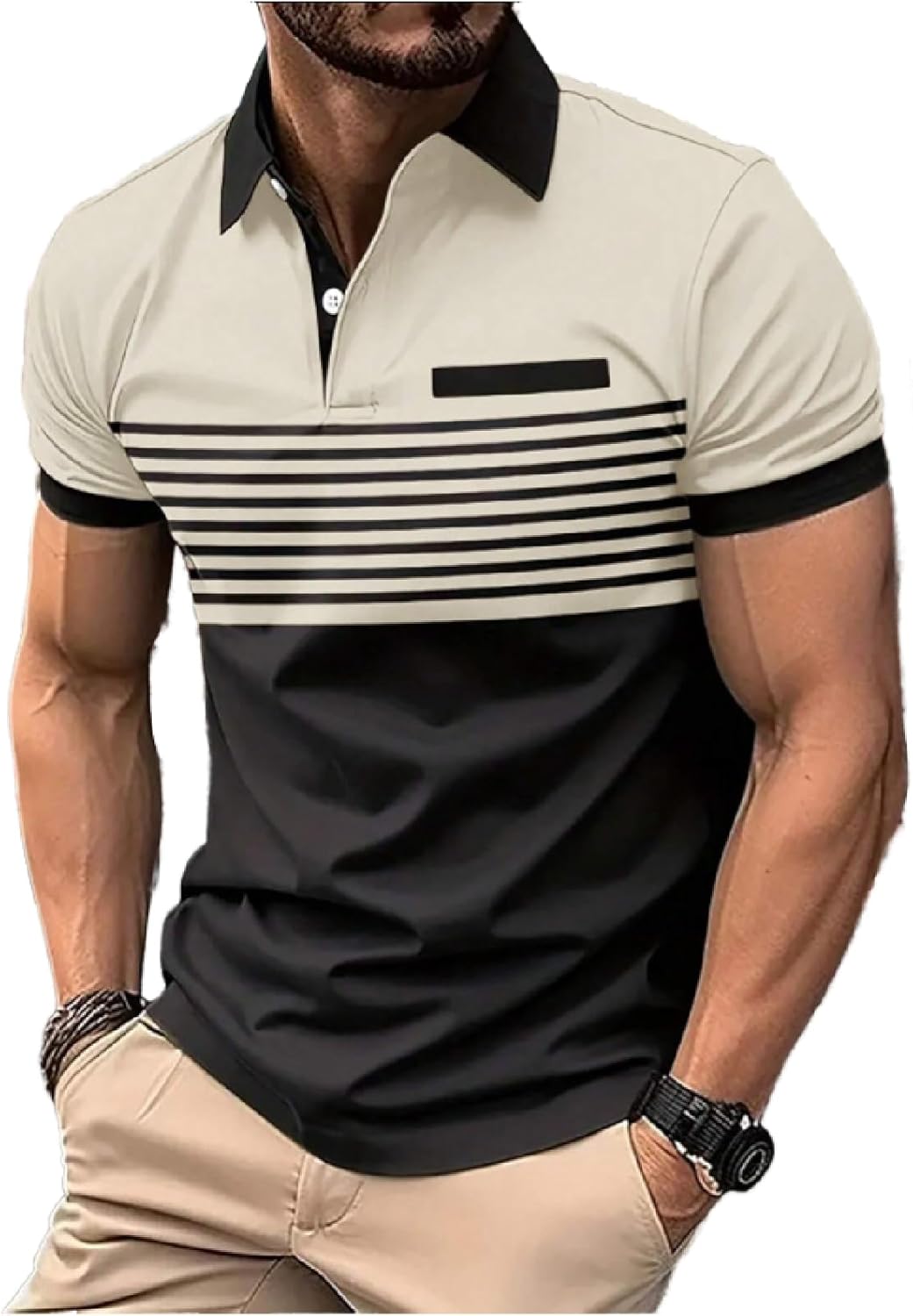 Men's Casual Polo Shirts Short Sleeve Fashion Golf Shirt Classic Striped Slim Fit T-Shirts