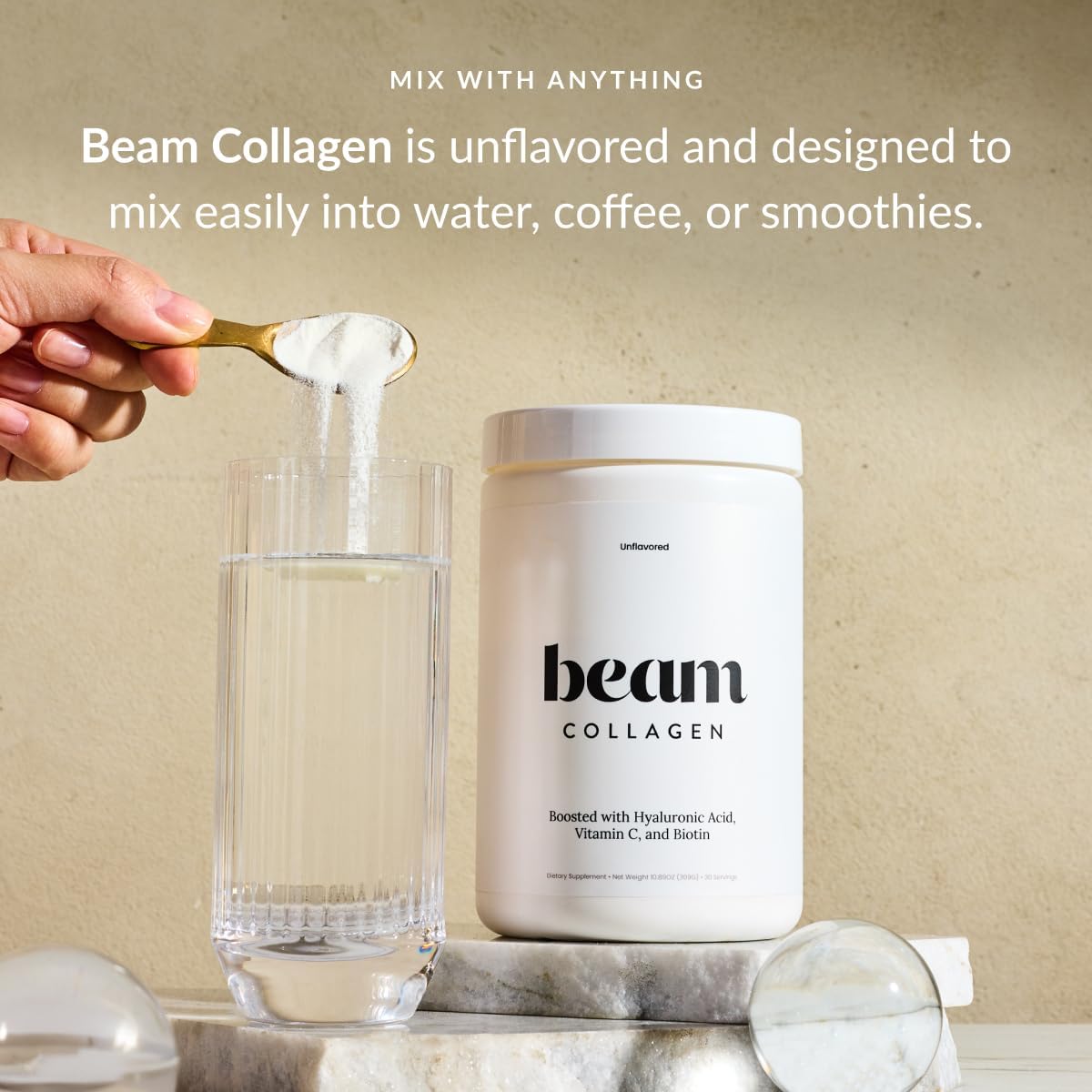 Beam Collagen Powder, Collagen for Women, Collagen with Hyaluronic Acid, Collagen Peptides Type 1 and 3, with Biotin, Grass Fed Bovine, Third-Party Tested, Best for Coffee, Vitamin C, 30 Servings