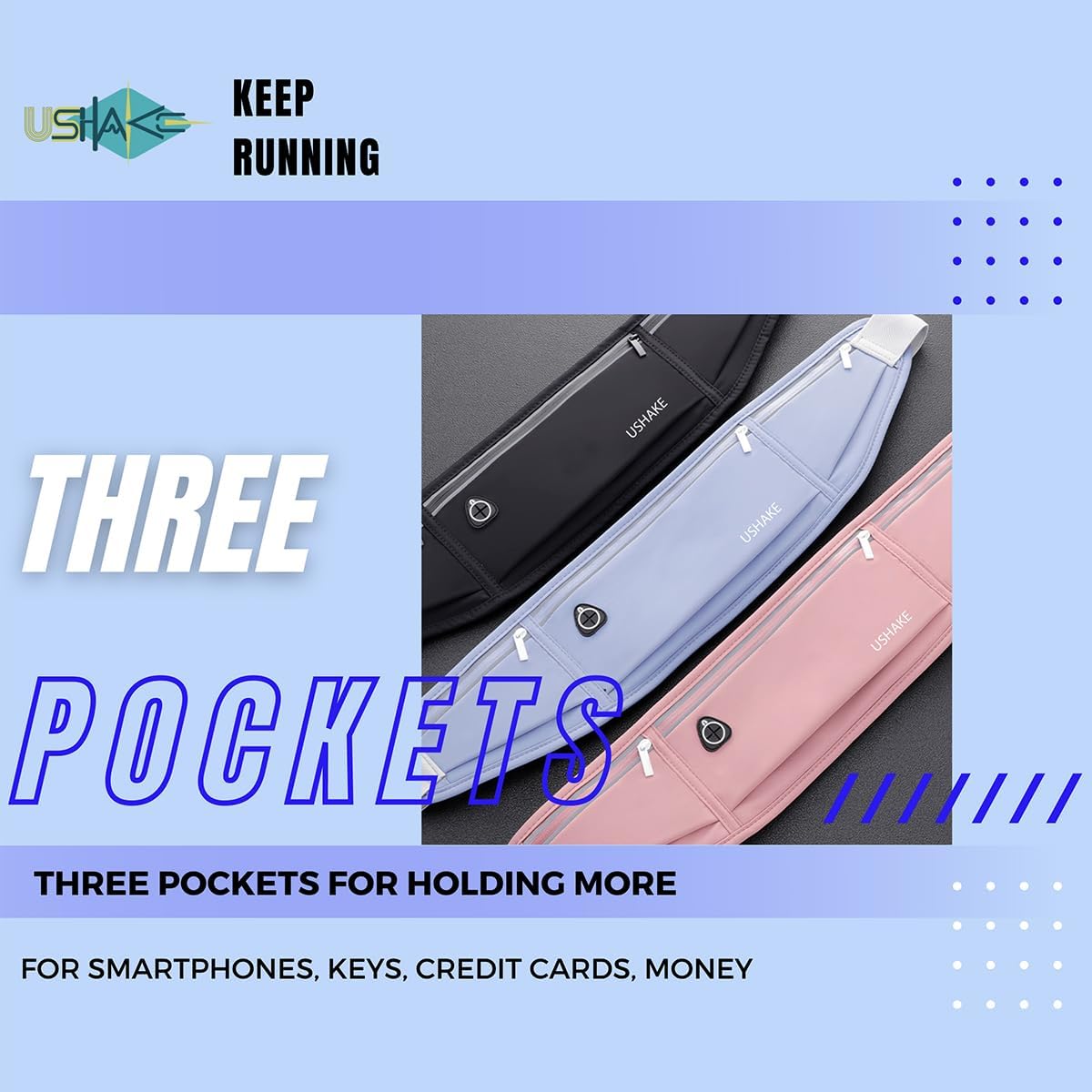 USHAKE Slim Running Belt, Workout Fanny Pack for Men Women,Exercise Waist Pack for Apple iPhone Holder, Runner Belt for Running Walking Cycling Camping Gym Light Blue