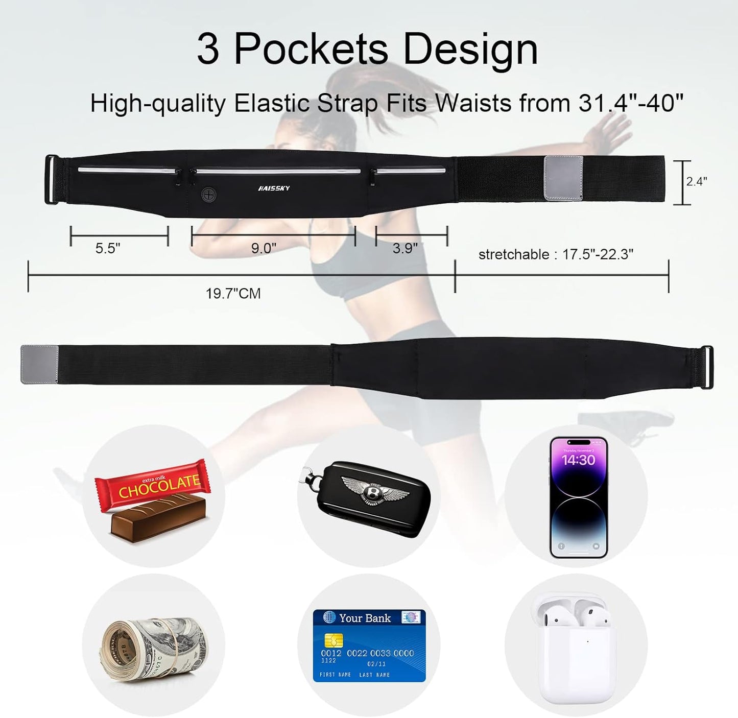 GUZACK Slim Running Belt for Phone 6.8'', Ultra Light Running Belts for Women/Men, Zipper Waterproof Running Waist Pack, Reflective Running Fanny Pack With 3 Separate pouch