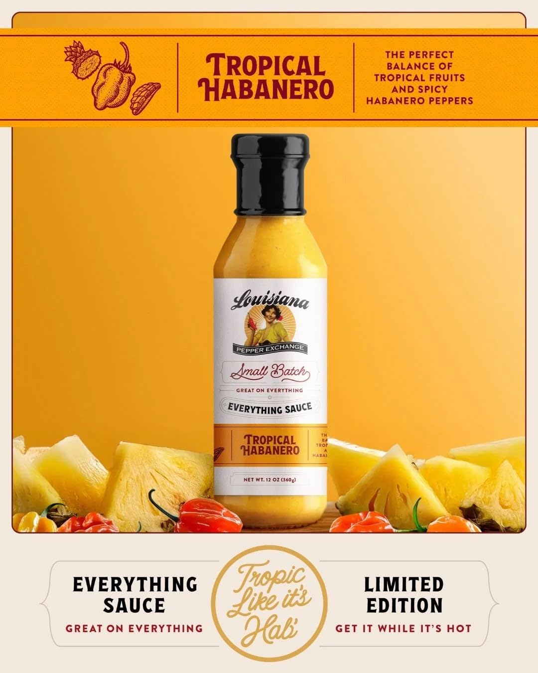 Louisiana Pepper Exchange Tropical Habanero Pepper Sauce – Sweet & Spicy with Mango and Pineapple, Gluten-Free, 12 Fl Oz (2 pack), Limited Edition