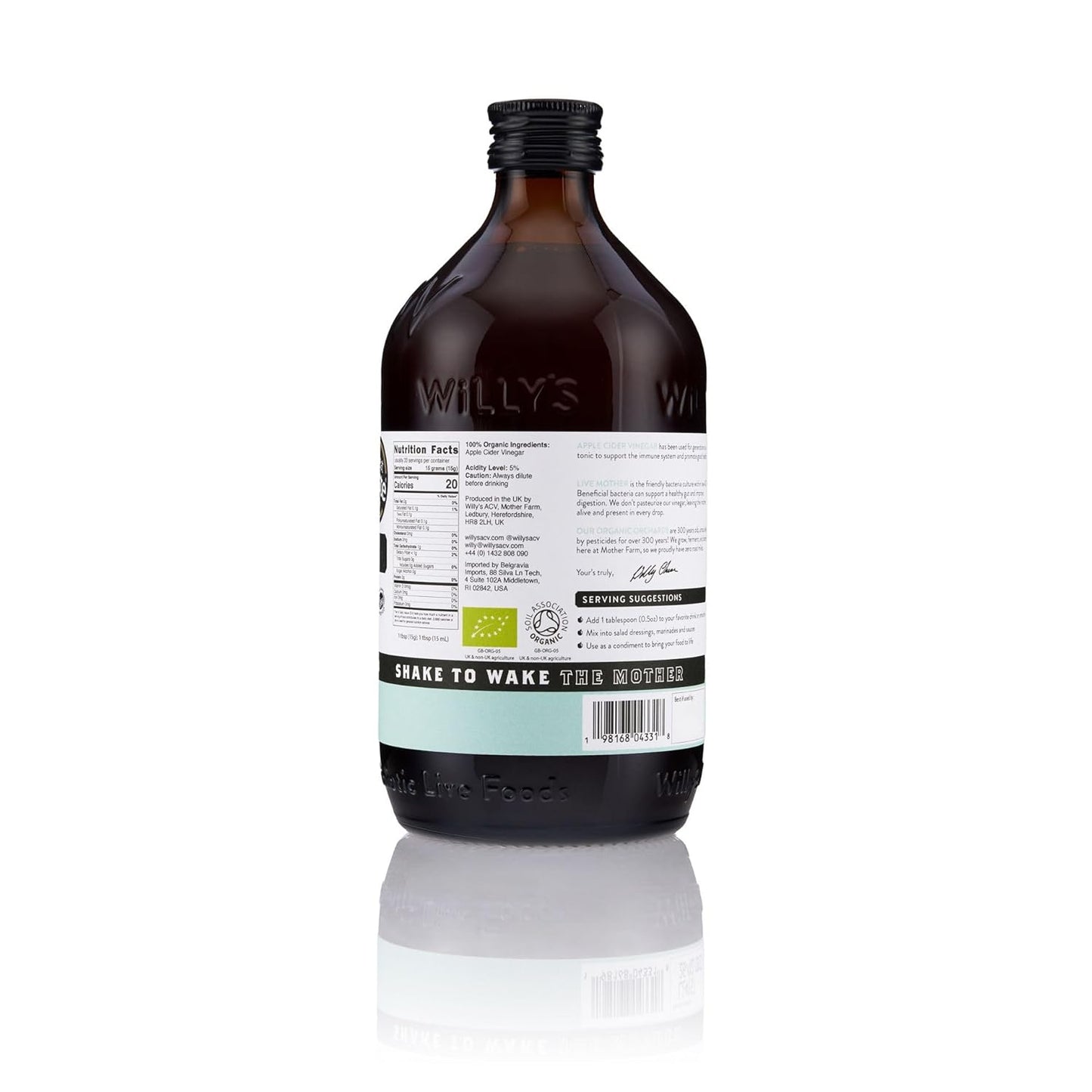 Willy's Organic ACV Apple Cider Vinegar with Mother - Probiotocs for Detox and Gut Health. 16.9oz Glass Bottle