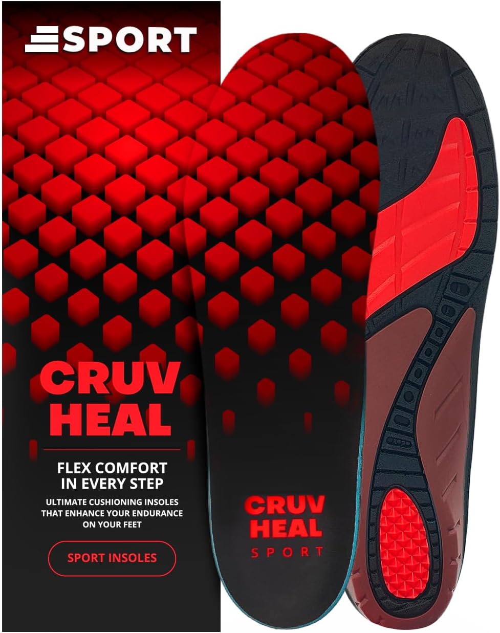 Flex Fit Sport Insoles - Medium Arch Support Inserts - Running Insoles for Sneackers - Shoe Inserts for Men and Women (Red, M)