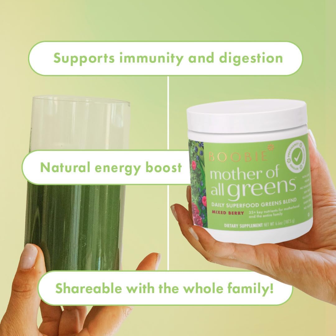 Boobie Mother of All Greens | Your New Family Ritual, Daily Super Greens Powder with 35+ Essential Nutrients for Moms & Families | Vegan, Gluten Free, & Sugar Free | Mixed Berry Flavor, 30 svgs
