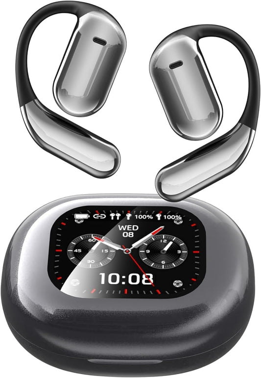 Open Ear Earbuds Intelligent Touch Screen Ultra Comfort Bluetooth 5.4 Headphones Over The Ear Earphones with Ear Hooks IPX7 Waterproof Bone Conduction Earbuds for Running Fitness Sport Workouts,Grey3