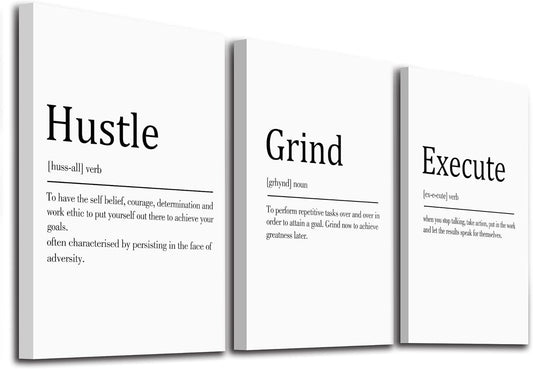 Hustle Grind Execute, Inspirational Wall Decor Art - Framed Canvas Office Decor, Quote Poster, Office Wall Art, White Large Poster, Positive Motivational Wall Art, 12x16inchx3pcs